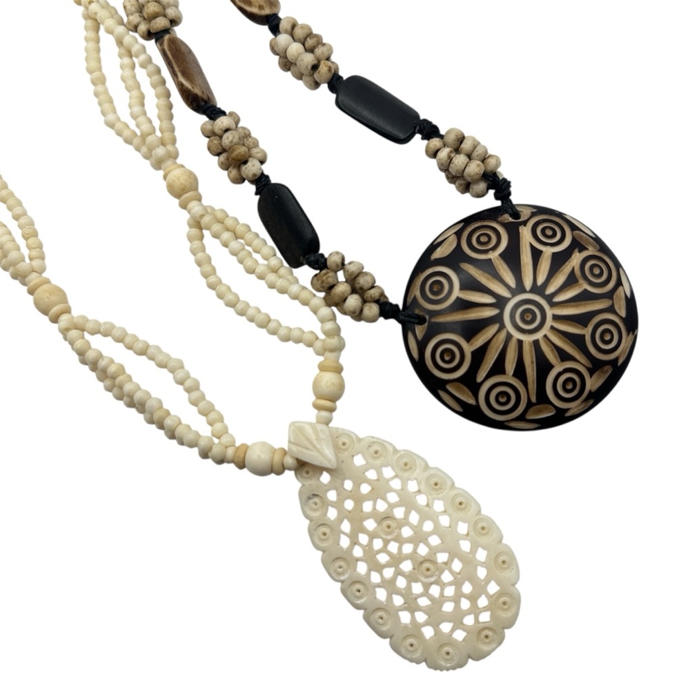 Hawaiian Artisan Carved Pendant Beaded Necklace Lot of 2 Boho Statement Tribal